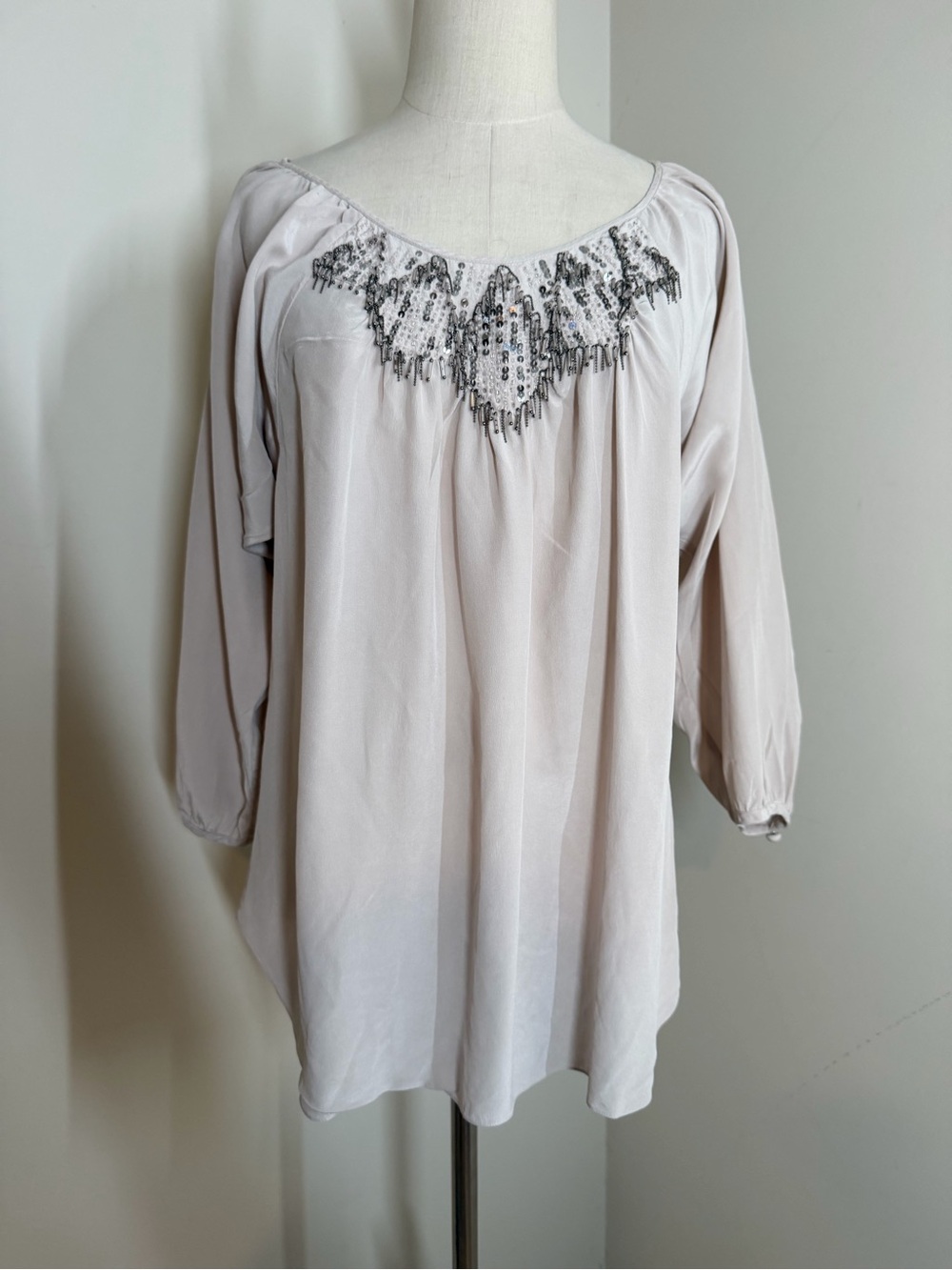 Rebecca Taylor 100% Silk Pink Beaded Chandelier-SZ 2-3/4 Sleev Boho Peasant Top